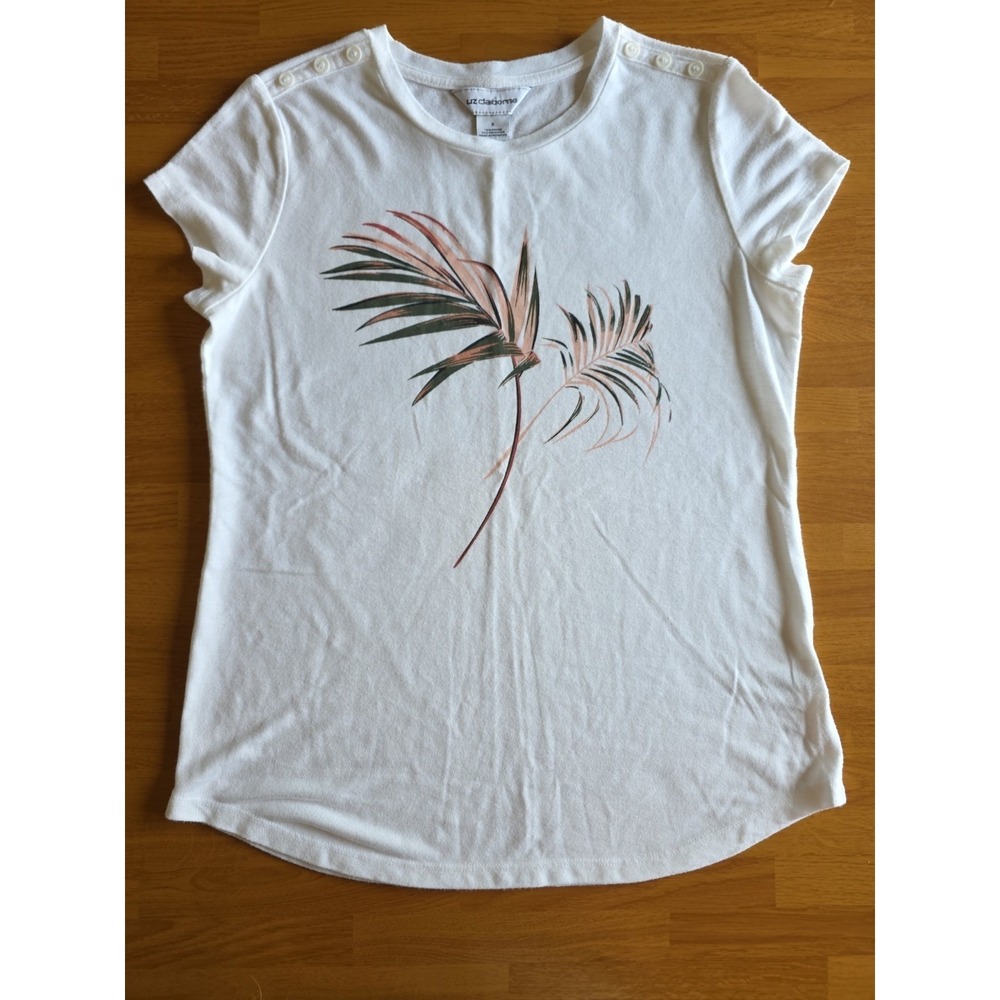 Liz Claiborne Womens White Tropical Palm Leaf Graphic T-Shirt Size Small